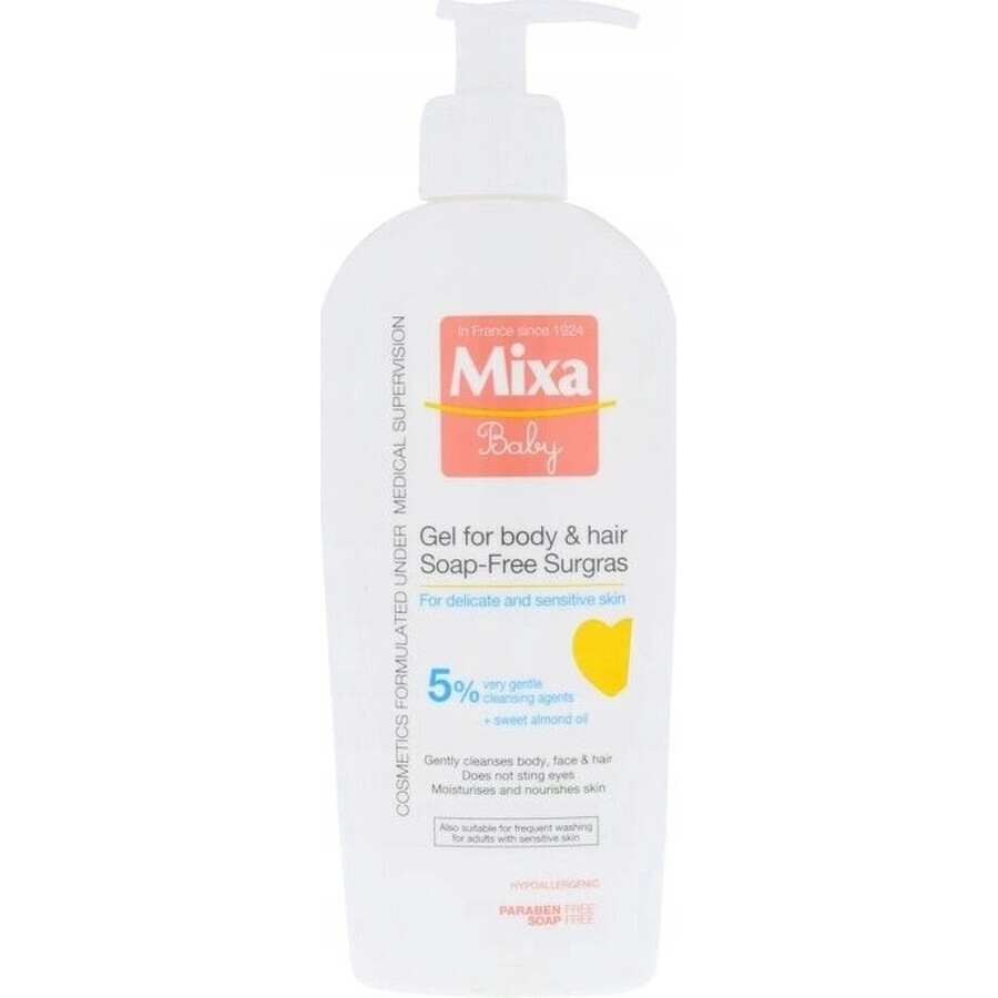 Mixa Baby Surgras Gel lavante sin jabón para cuerpo y cabello 1×250 ml, gel lavante para bebés