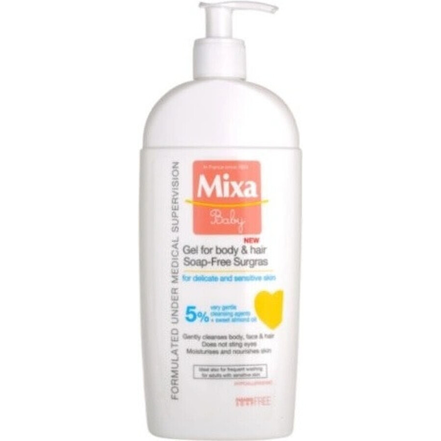 Mixa Baby Surgras Gel lavante sin jabón para cuerpo y cabello 1×250 ml, gel lavante para bebés