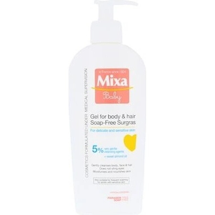 Mixa Baby Surgras Gel lavante sin jabón para cuerpo y cabello 1×250 ml, gel lavante para bebés