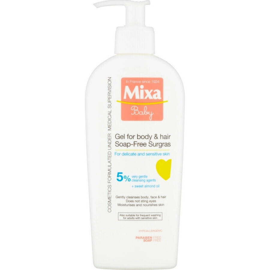 Mixa Baby Surgras Gel lavante sin jabón para cuerpo y cabello 1×250 ml, gel lavante para bebés