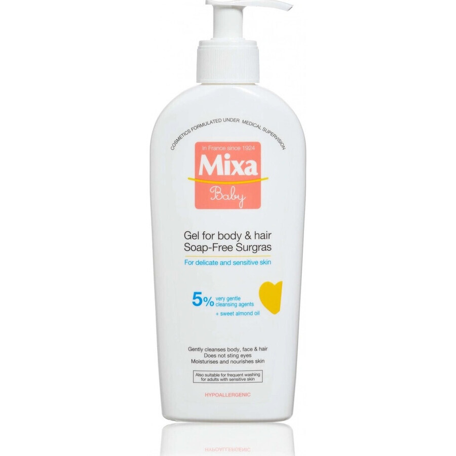 Mixa Baby Surgras Gel lavante sin jabón para cuerpo y cabello 1×250 ml, gel lavante para bebés