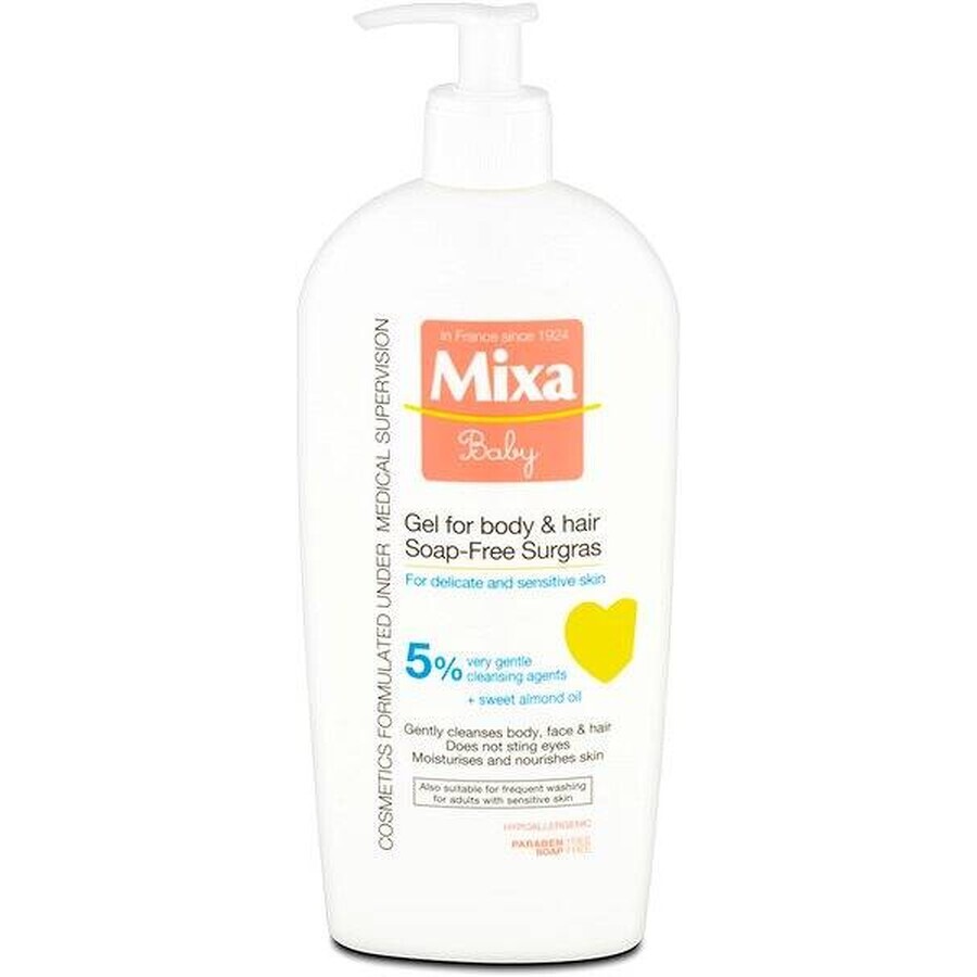 Mixa Baby Surgras Gel lavante sin jabón para cuerpo y cabello 1×250 ml, gel lavante para bebés