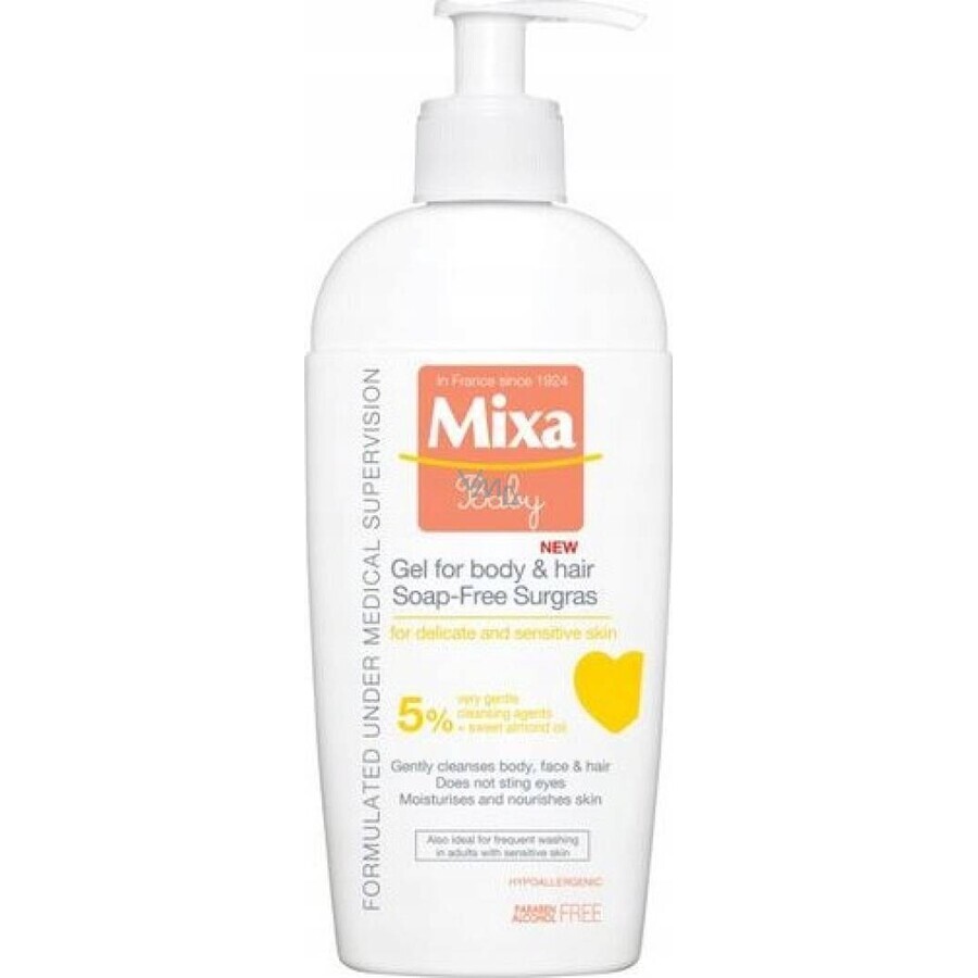 Mixa Baby Surgras Gel lavante sin jabón para cuerpo y cabello 1×250 ml, gel lavante para bebés