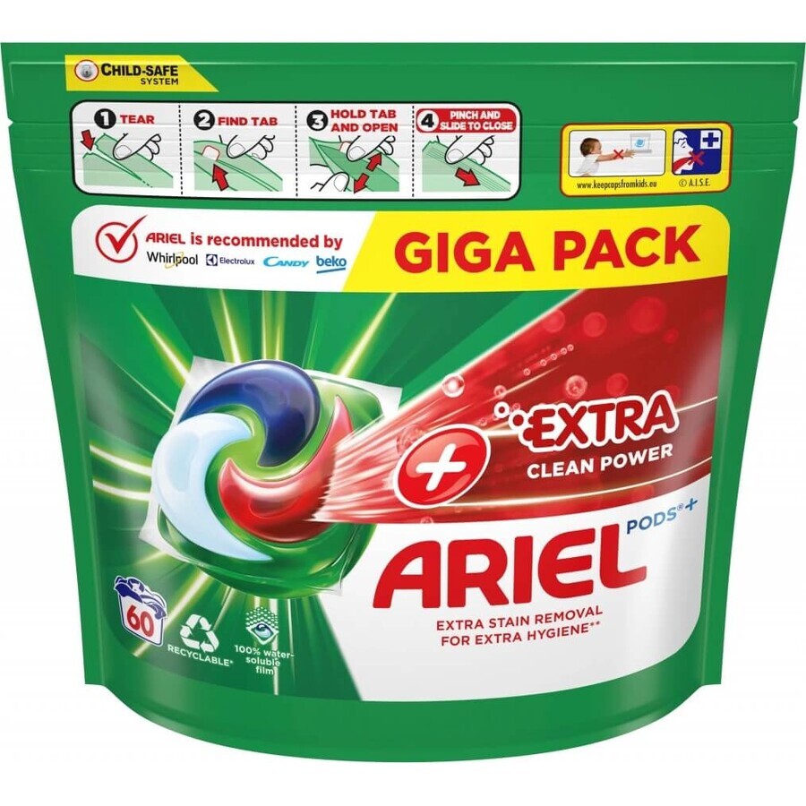 Ariel All-in-1 PODS All-in-1 PODS Extra Clean, Cápsulas de gel lavavajillas, 60 Cápsulas de gel lavavajillas 1×60 unidades, Cápsulas de gel lavavajillas