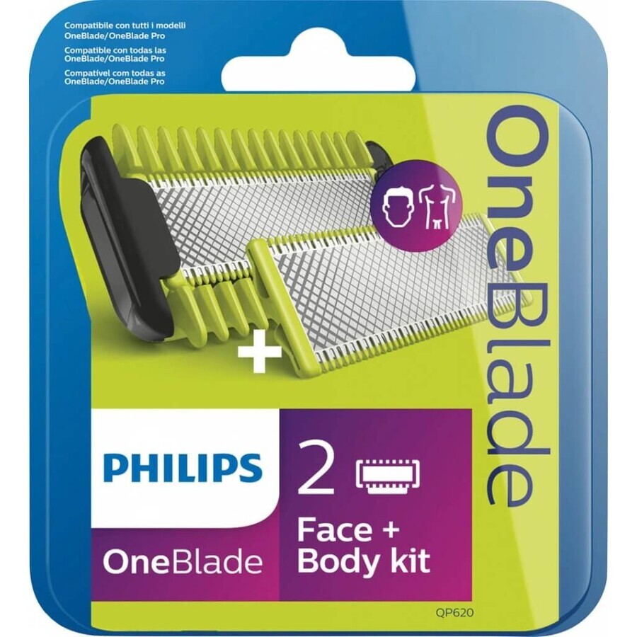 Philips OneBlade QP624/50 360 cuchillas de recambio para cara y cuerpo + peine corporal y accesorio íntimo 1×1 ud, cuchillas de recambio