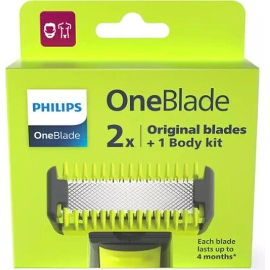 Philips OneBlade QP624/50 360 cuchillas de recambio para cara y cuerpo + peine corporal y accesorio íntimo 1×1 ud, cuchillas de recambio