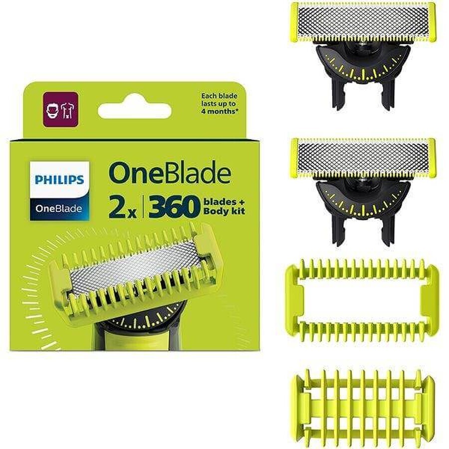 Philips OneBlade QP624/50 360 cuchillas de recambio para cara y cuerpo + peine corporal y accesorio íntimo 1×1 ud, cuchillas de recambio