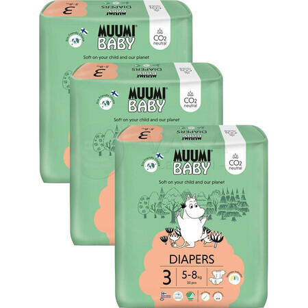 Muumi Baby 3 Midi 5-8 kg, 1×150pcs paquete mensual de pañales ecológicos, Pañales ECO