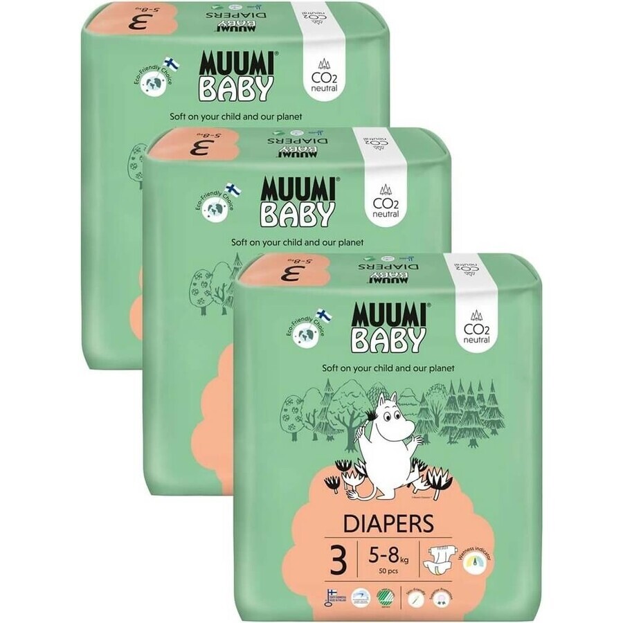 Muumi Baby 3 Midi 5-8 kg, 1×150pcs paquete mensual de pañales ecológicos, Pañales ECO