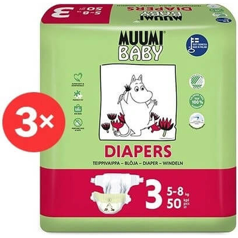 Muumi Baby 3 Midi 5-8 kg, 1×150pcs paquete mensual de pañales ecológicos, Pañales ECO