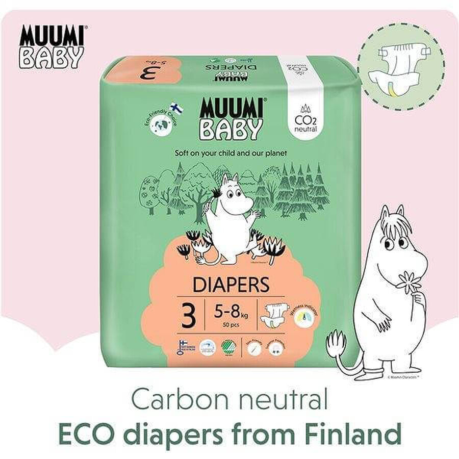 Muumi Baby 3 Midi 5-8 kg, 1×150pcs paquete mensual de pañales ecológicos, Pañales ECO