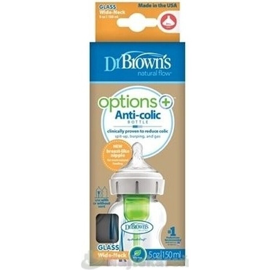 Dr.BROWN'S BABY BOTTLE OPTIONS+ 150 ml 1×1 unidad, con cuello ancho, 0M+, anticólico, vidrio, blanco