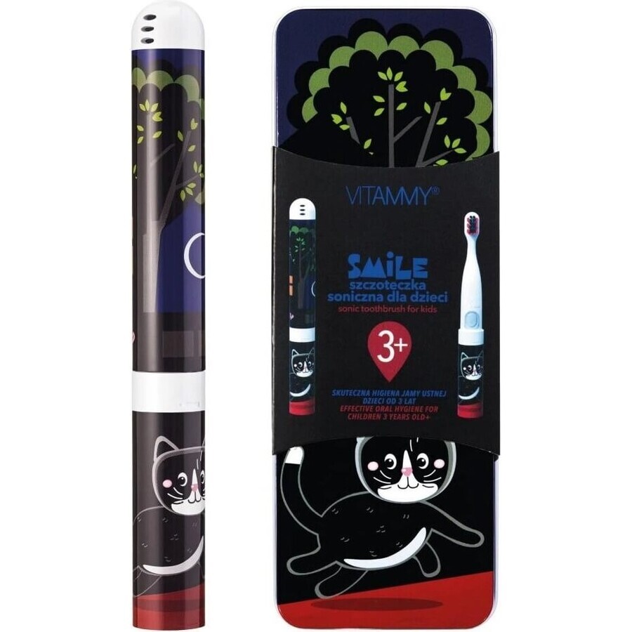 VITAMMY SMILE cepillo de dientes sónico infantil, gato negro, a partir de 3 años 1×1 ud, con dibujo de un gato negro