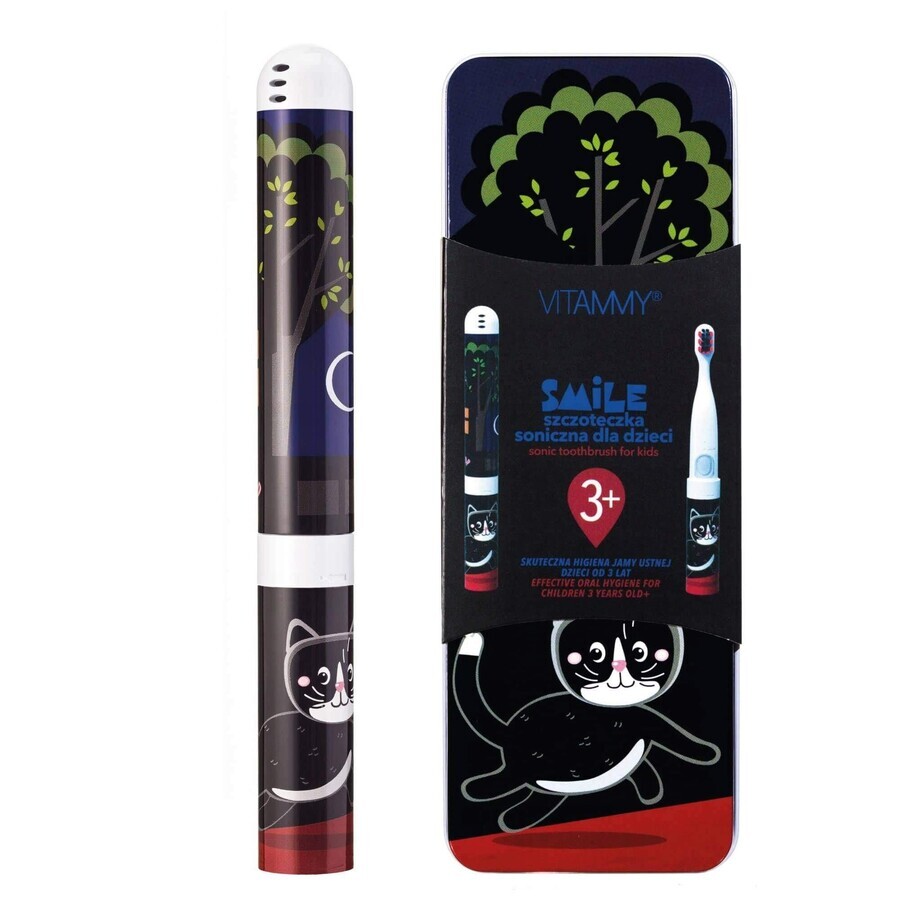 VITAMMY SMILE cepillo de dientes sónico infantil, gato negro, a partir de 3 años 1×1 ud, con dibujo de un gato negro