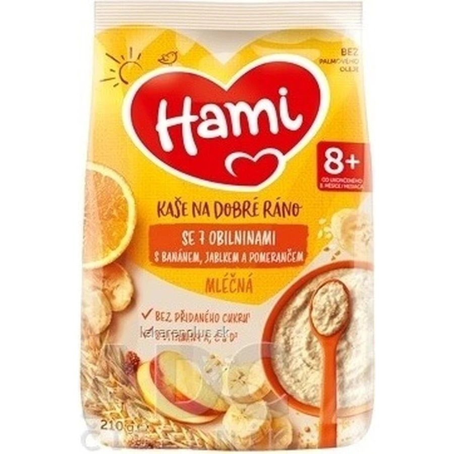 HAMI Terci de lapte cu 7 cereale cu banane, mere și portocale 1×210 g, terci de fructe