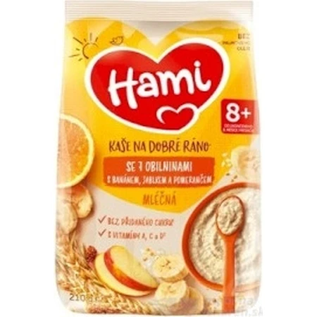 HAMI Terci de lapte cu 7 cereale cu banane, mere și portocale 1×210 g, terci de fructe