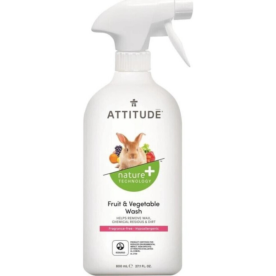 ATTITUDE Detergente sin perfume para frutas y verduras en spray 1×800 ml , detergente para frutas