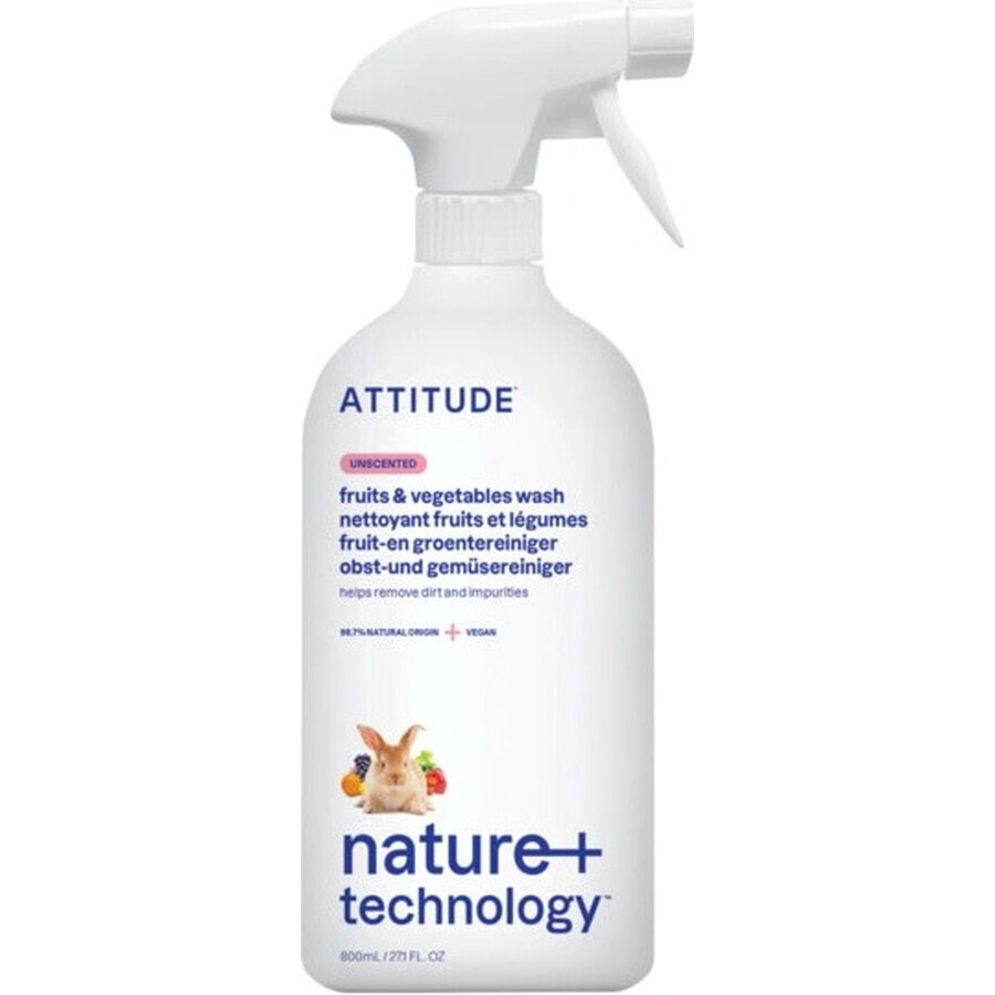 ATTITUDE Detergente sin perfume para frutas y verduras en spray 1×800 ml , detergente para frutas