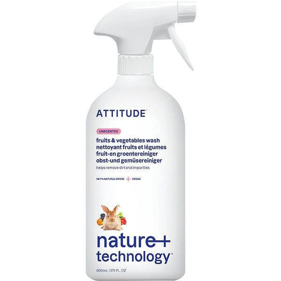 ATTITUDE Detergente sin perfume para frutas y verduras en spray 1×800 ml , detergente para frutas