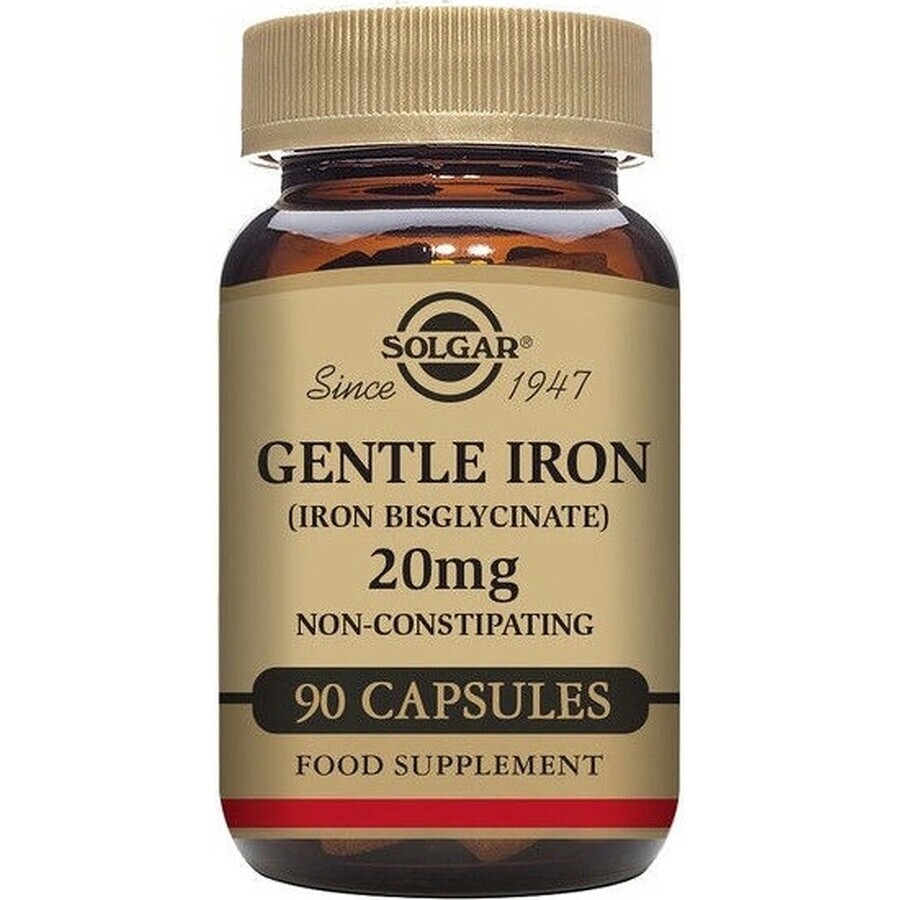 Solgar Gentle Iron 20 mg IJzer (ijzerbisglycinaat) Zacht voor de Maag 90 capsules 1×90 cps, voedingssupplement