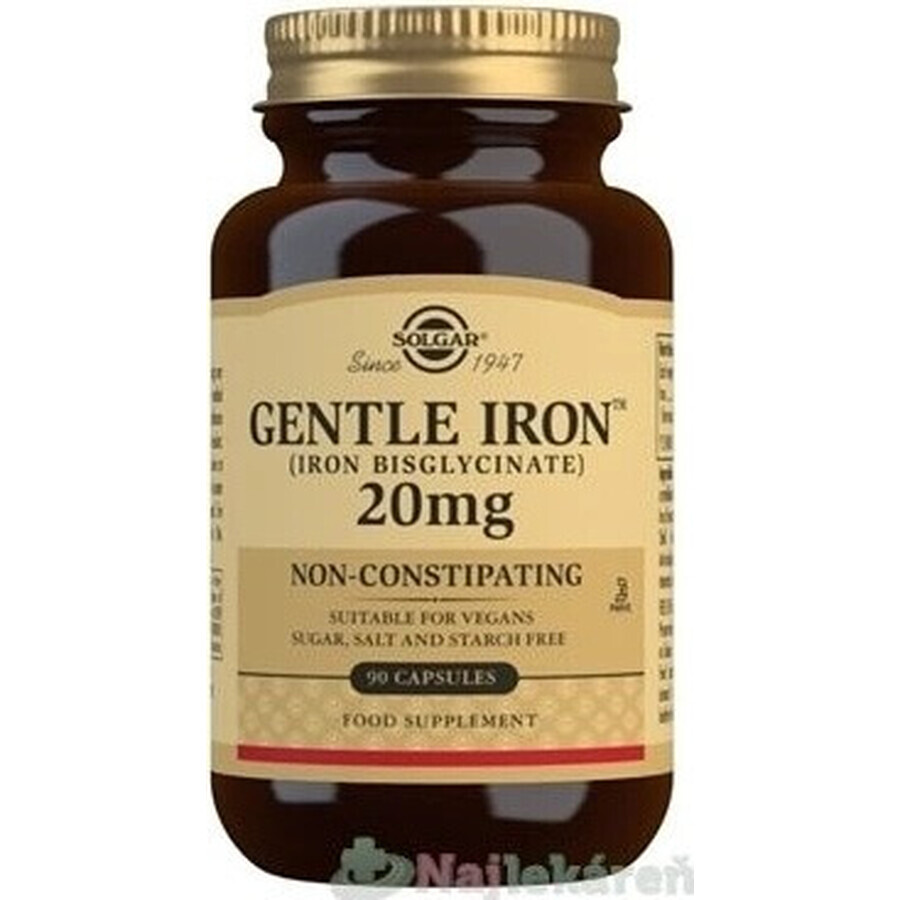 Solgar Gentle Iron 20 mg IJzer (ijzerbisglycinaat) Zacht voor de Maag 90 capsules 1×90 cps, voedingssupplement