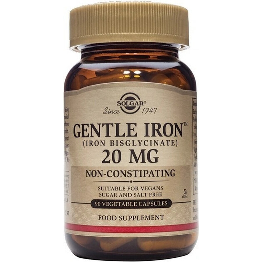 Solgar Gentle Iron 20 mg IJzer (ijzerbisglycinaat) Zacht voor de Maag 90 capsules 1×90 cps, voedingssupplement