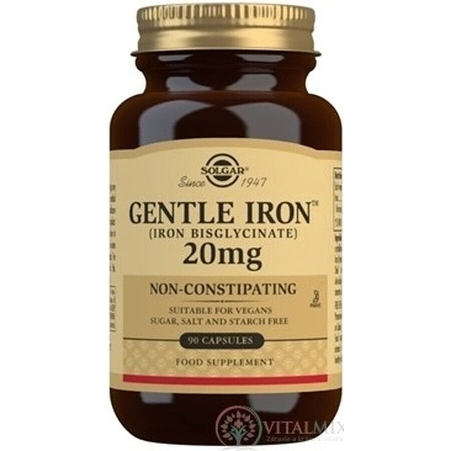 Solgar Gentle Iron 20 mg IJzer (ijzerbisglycinaat) Zacht voor de Maag 90 capsules 1×90 cps, voedingssupplement