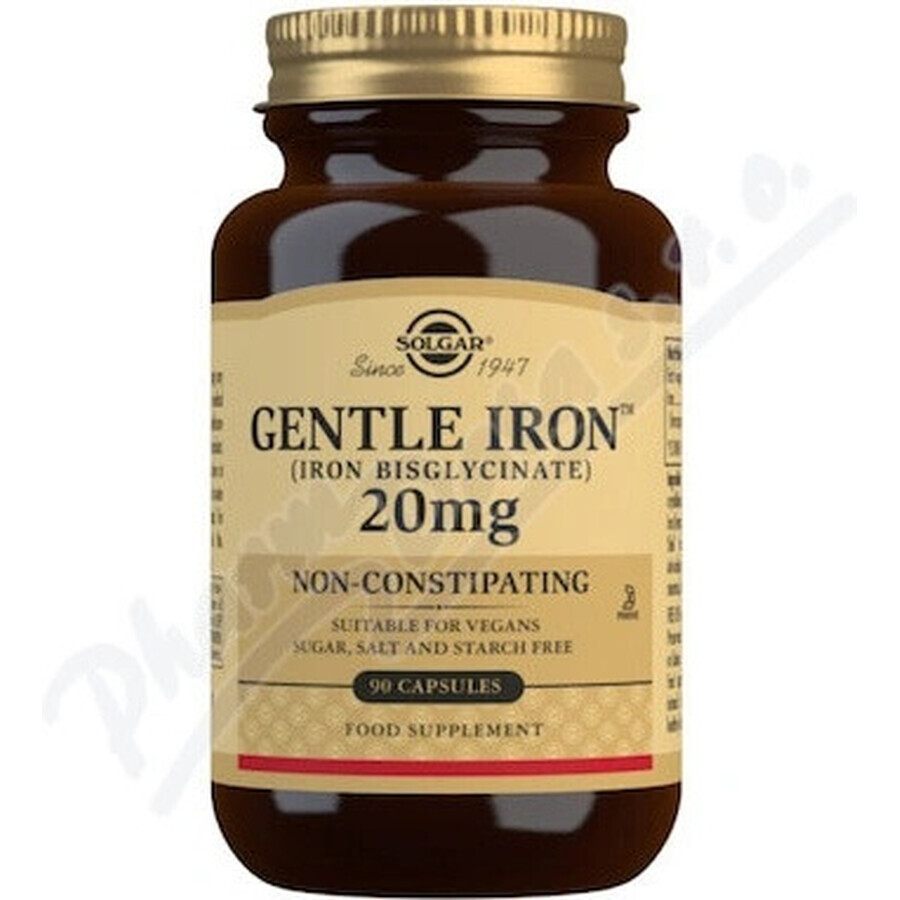 Solgar Gentle Iron 20 mg IJzer (ijzerbisglycinaat) Zacht voor de Maag 90 capsules 1×90 cps, voedingssupplement