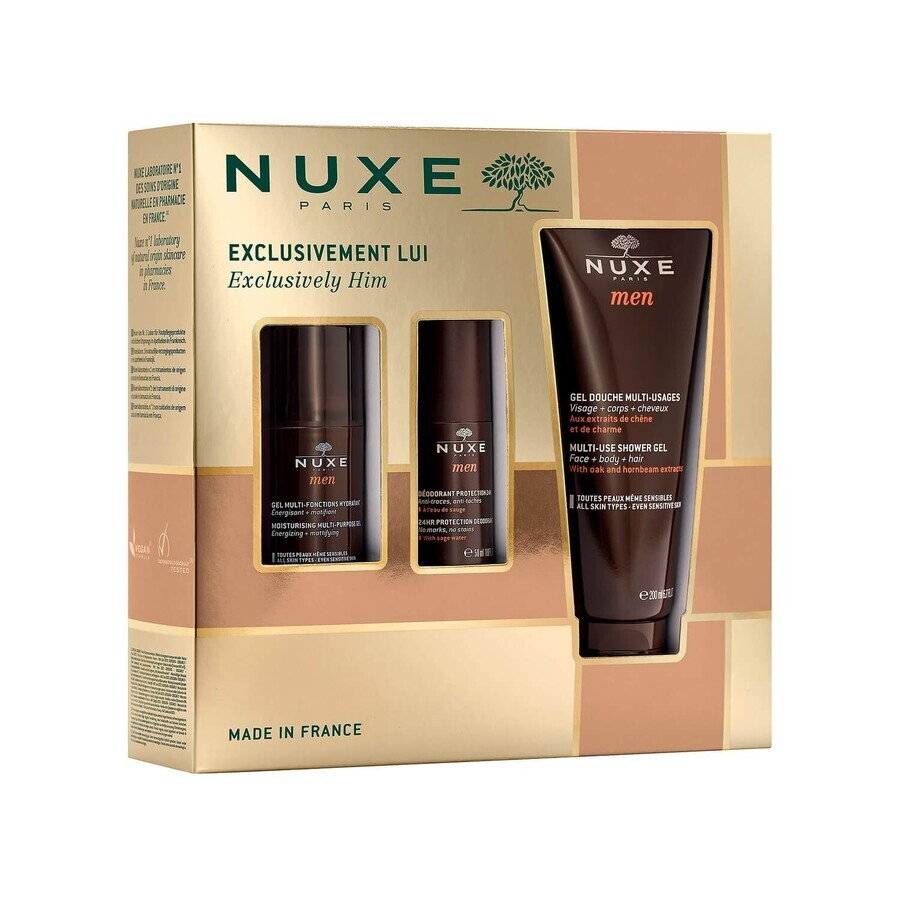 Nuxe Men set, facial moisturizing gel 50 ml + roll-on deodorant 50 ml + shower gel 200 ml