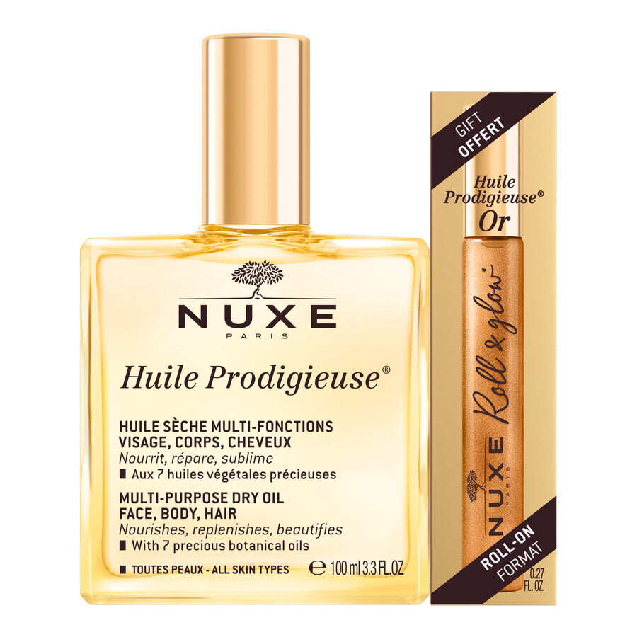 Set Nuxe Huile Prodigieuse, dry oil for body, face and hair, 100 ml + Huile Prodigieuse Or, roll-on oil, 8 ml