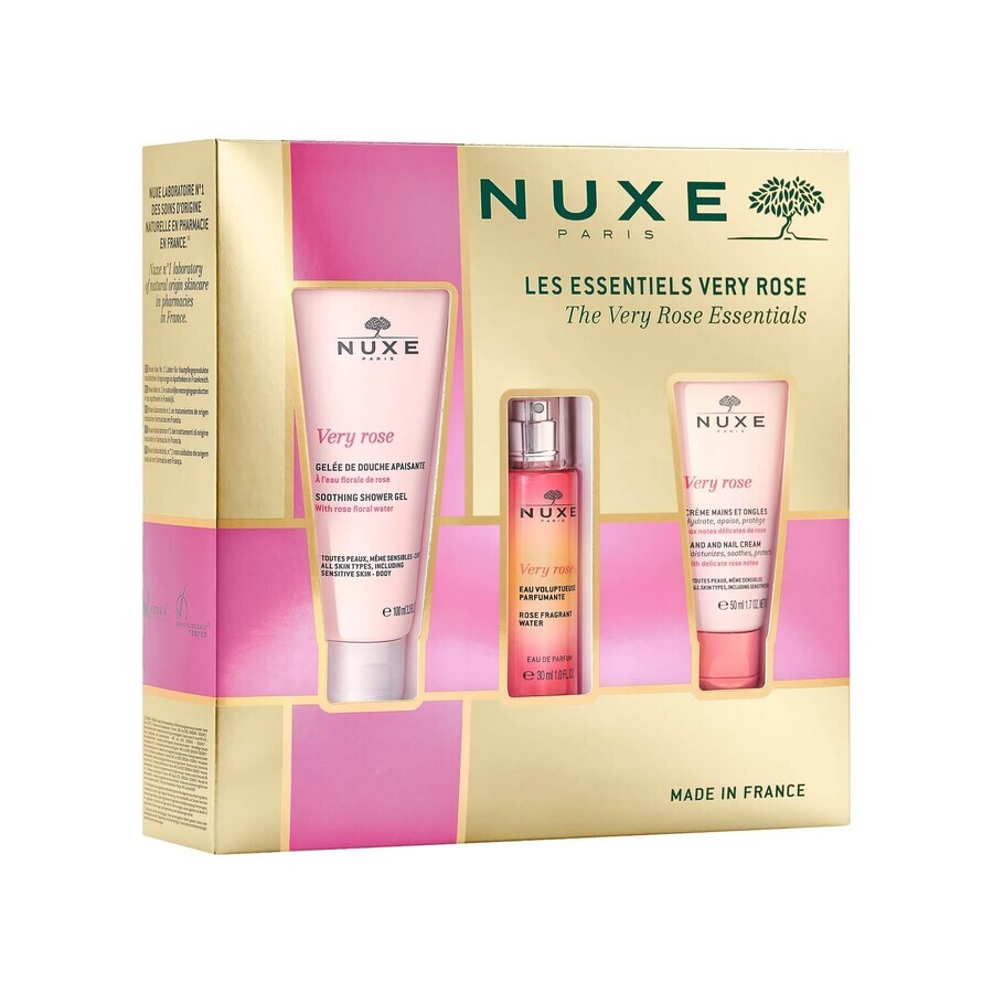 Set Nuxe Very Rose, crema de manos y uñas, 50 ml + gel de ducha, 100 ml + eau de parfum rosa, 30 ml