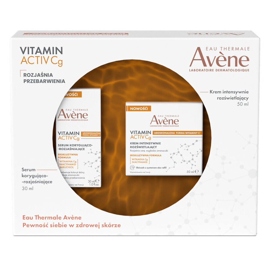 Avene Vitamina Cg Cuidado rejuvenecedor innovador para aclarar las hiperpigmentaciones, suero corrector e iluminador, 30 ml + crema iluminadora intensiva, 50 ml