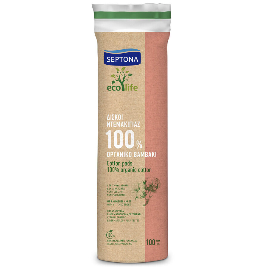 Septona Ecolife, almohadillas cosméticas redondas, 100% algodón, 100 unidades