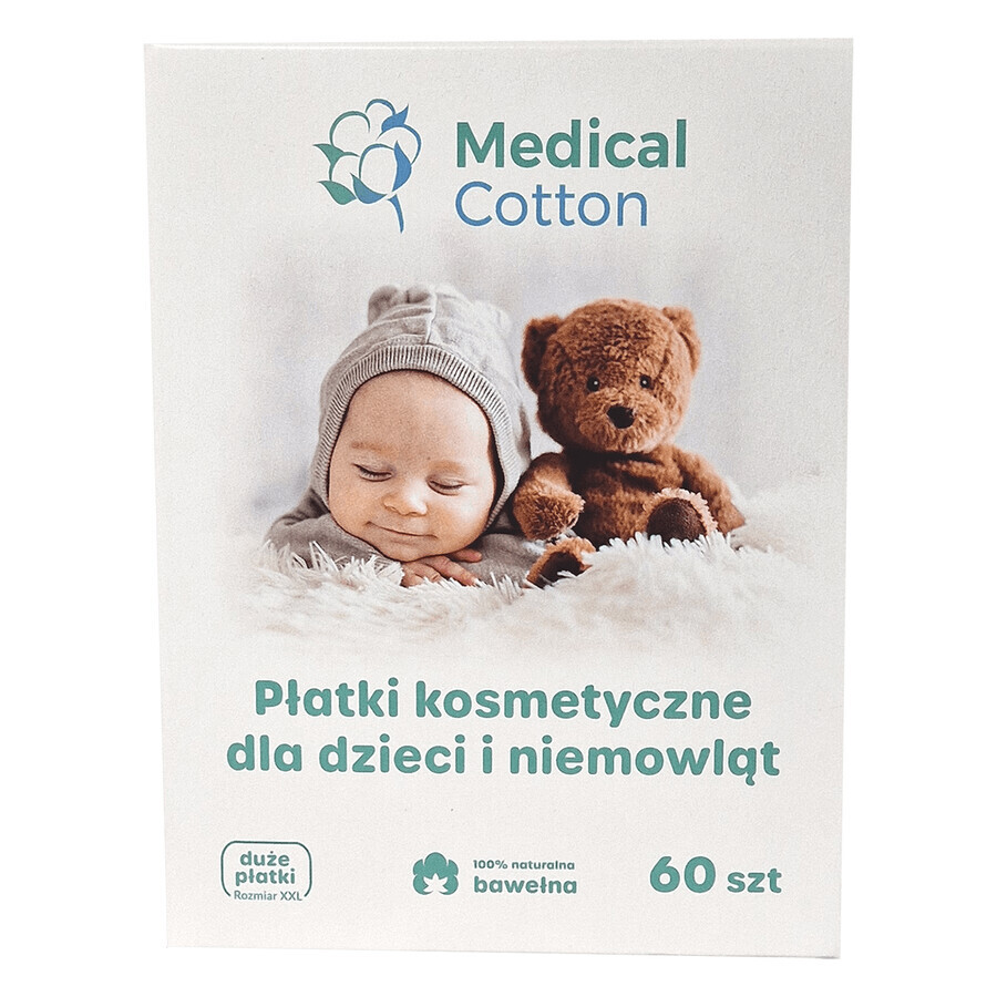 Algodón médico, almohadillas cosméticas para bebés y niños, grandes, 100% algodón, desde el nacimiento, 60 unidades