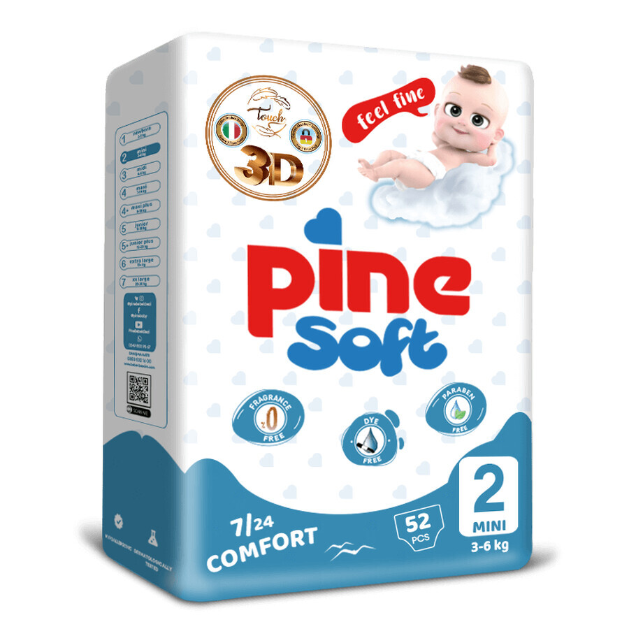 Pine Soft 3D, pannolini, taglia 2, Mini, 3-6 kg, 52 pz.