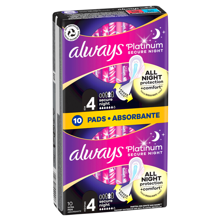 Always Platinum, compresas con alas, talla 4, Noche Segura, 10 unidades