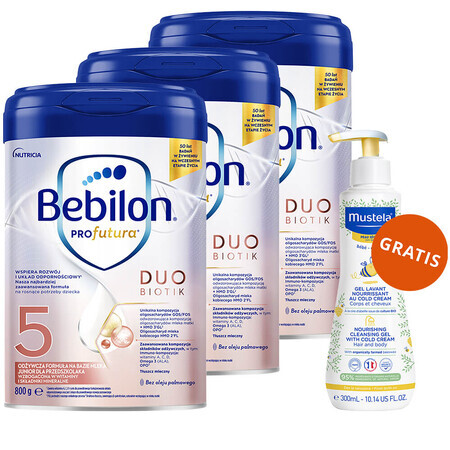 Set Bebilon Profutura DuoBiotik 5, formulă hrănitoare pe bază de lapte, pentru preșcolari, 3 x 800 g + Mustela Bebe Enfant, gel de spălare hrănitor, 300 ml gratuit