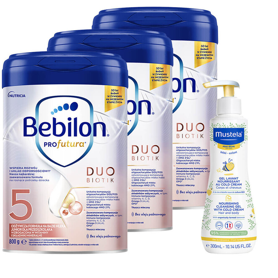 Set Bebilon Profutura DuoBiotik 5, formulă hrănitoare pe bază de lapte, pentru preșcolari, 3 x 800 g + Mustela Bebe Enfant, gel de spălare hrănitor, 300 ml gratuit