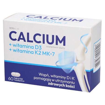 SEMA Lab Calcio + vitamina D3 + vitamina K2 MK-7, 60 comprimidos duros Envase poco claro