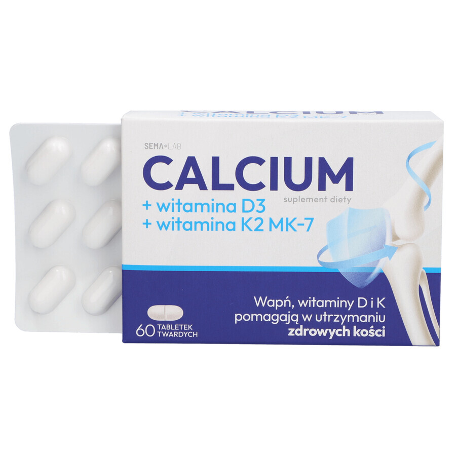 SEMA Lab Calcio + vitamina D3 + vitamina K2 MK-7, 60 comprimidos duros Envase poco claro