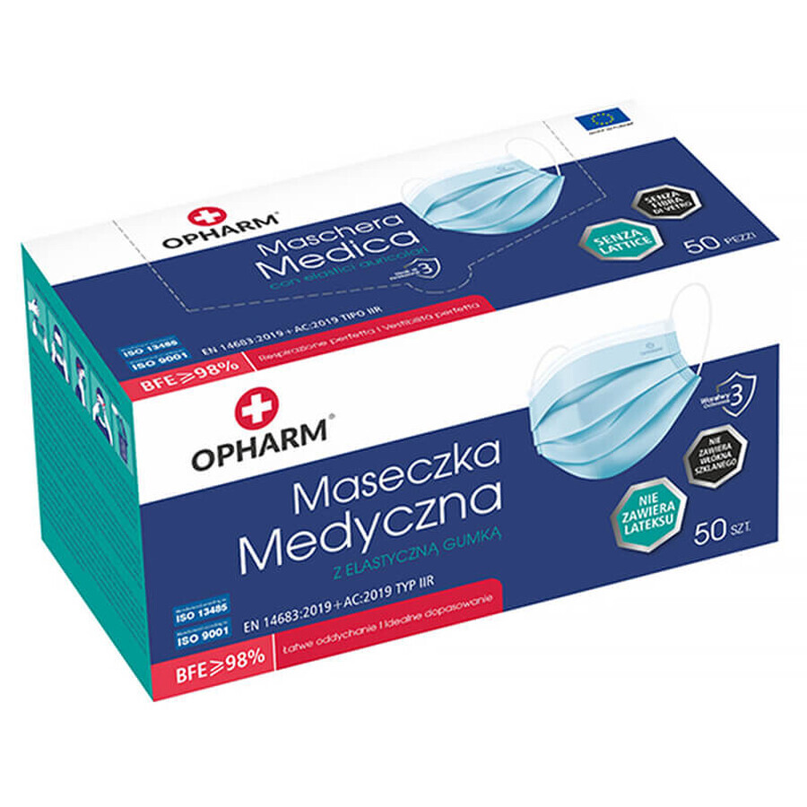 Opharm, mascarilla médica, desechable, 3 capas, tipo IIR, azul, 50 unidades PAQUETE REDUCIDO