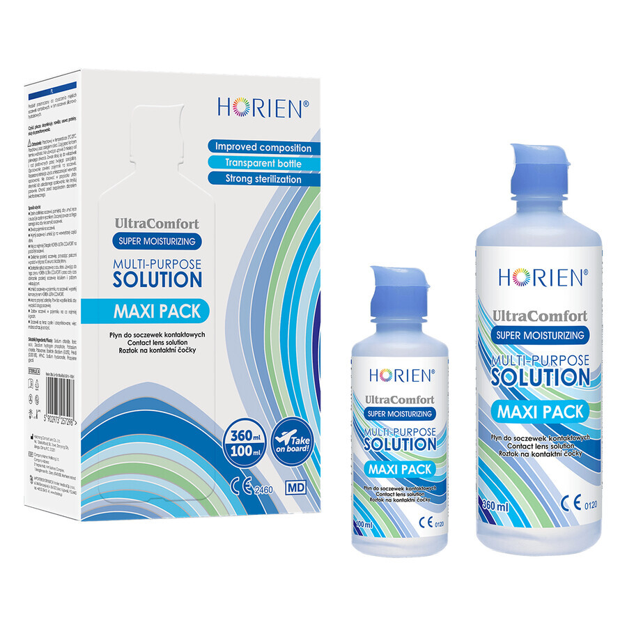 Horien Ultra Comfort solución multifuncional, solución para lentes de contacto, maxi pack, 360 ml + 100 ml