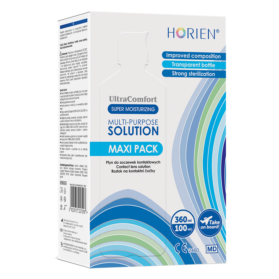 Horien Ultra Comfort solución multifuncional, solución para lentes de contacto, maxi pack, 360 ml + 100 ml