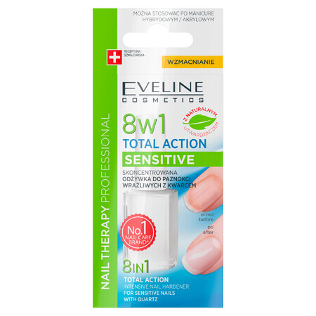 Eveline Cosmetics Nail Therapy Nail Therapy Total Action Sensitive 8in1, acondicionador para uñas quebradizas y quebradizas, 12 ml