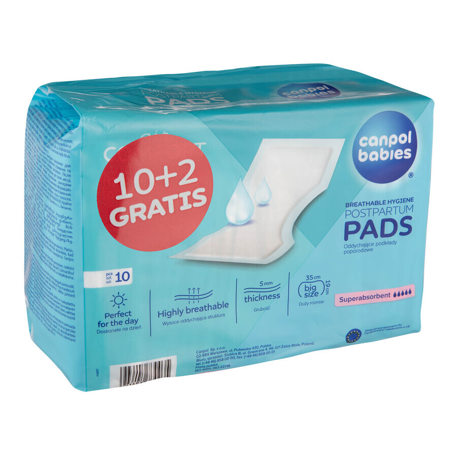 Canpol Babies, compresas postparto transpirables y muy absorbentes, 10 unidades + 2 unidades gratuitas