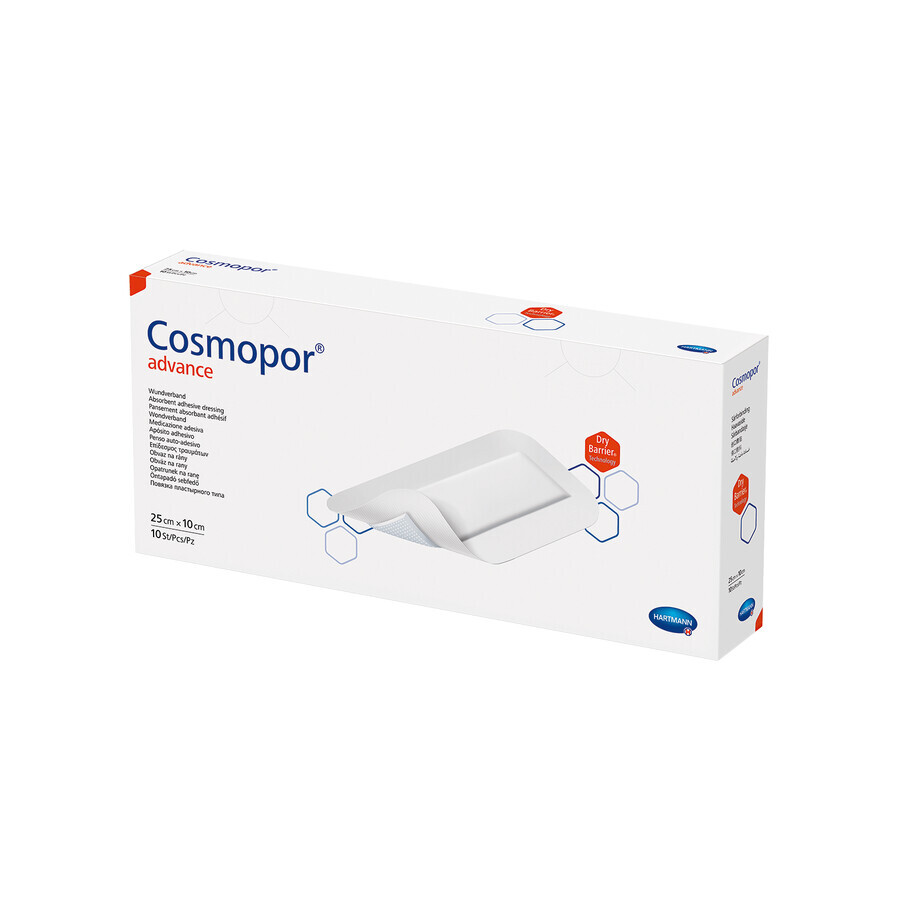 Cosmopor Advance, apósito para heridas y cortes con exudado fuerte, autoadhesivo, estéril, 25 cm x 10 cm, 10 piezas