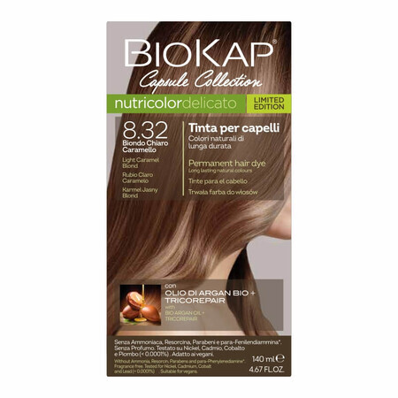 Biokap Nutricolor Delicato, tinte para el cabello, 8.32 caramelo rubio claro, 140 ml