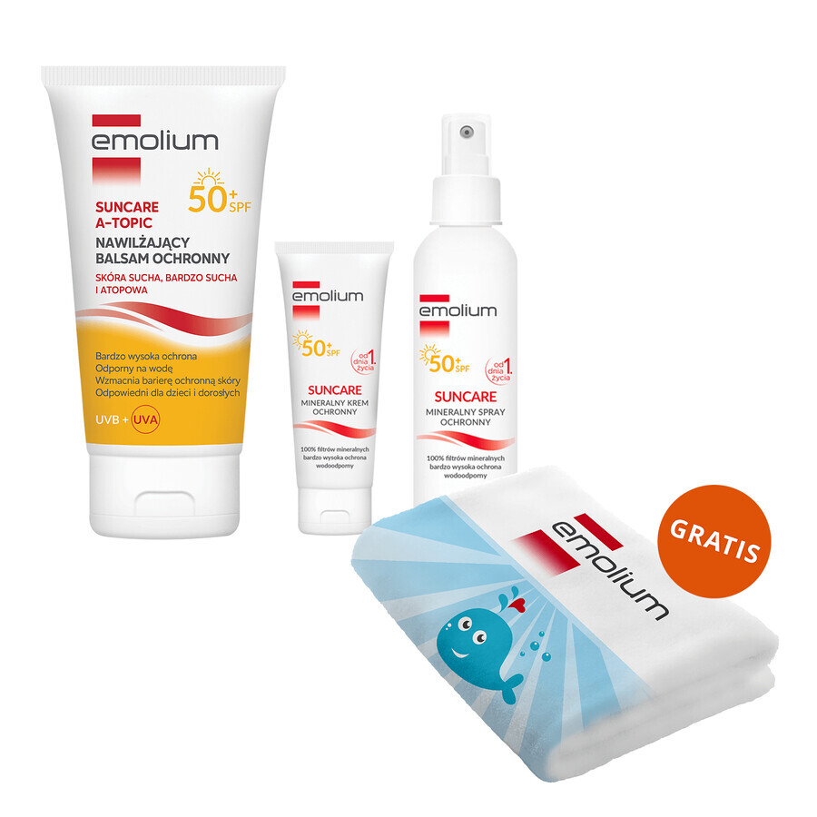 Set Emolium Suncare SPF 50+, crema solar 50 ml + spray solar 100 ml + loción hidratante solar 150 ml + toalla de baño de regalo