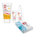 Set Emolium Suncare SPF 50+, crema solar 50 ml + spray solar 100 ml + loción hidratante solar 150 ml + toalla de baño de regalo