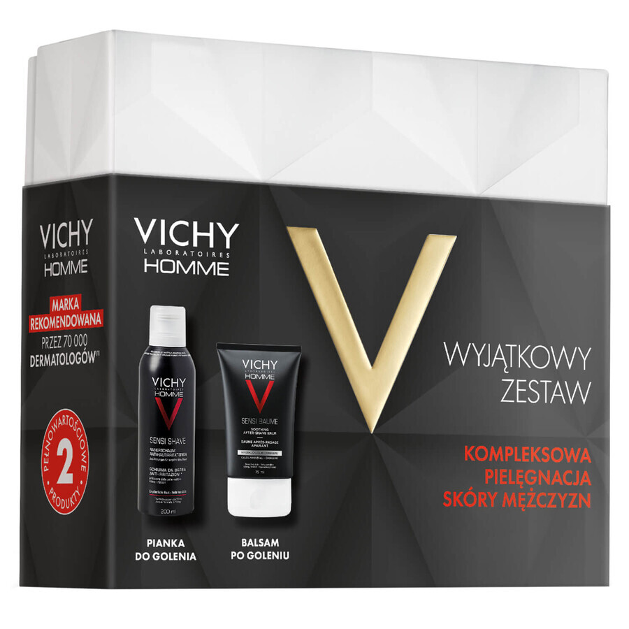 Set de afeitado Vichy Homme Sensi, espuma de afeitar suave antiirritante, 200 ml + bálsamo calmante para después del afeitado para pieles sensibles, 50 ml